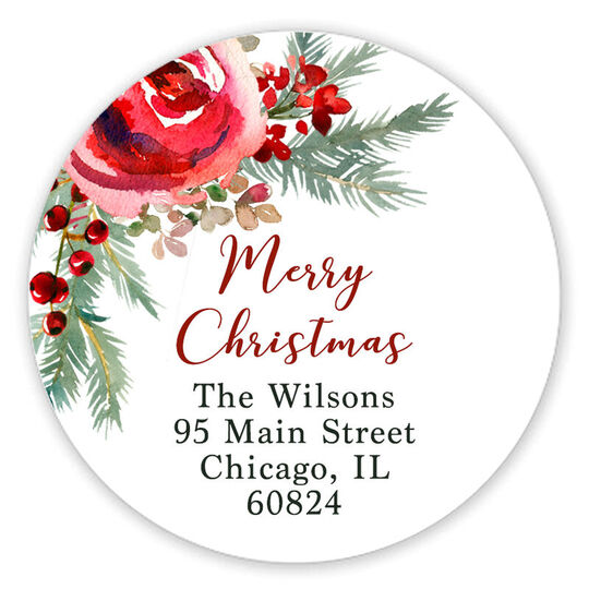 Corner Roses Holiday Round Address Labels
